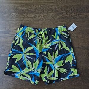 NWT Old Navy Men's Black and Green Leaf Print Swim  Shorts sz.L